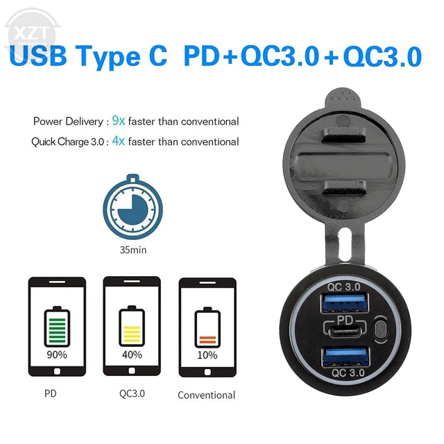 Prise de chargeur USB avec interrupteur pour voiture et moto, charge  rapide, 3 ports, 12V, 24V, touristes, PD 45W Type-C, 18W, 3.0 - AliExpress