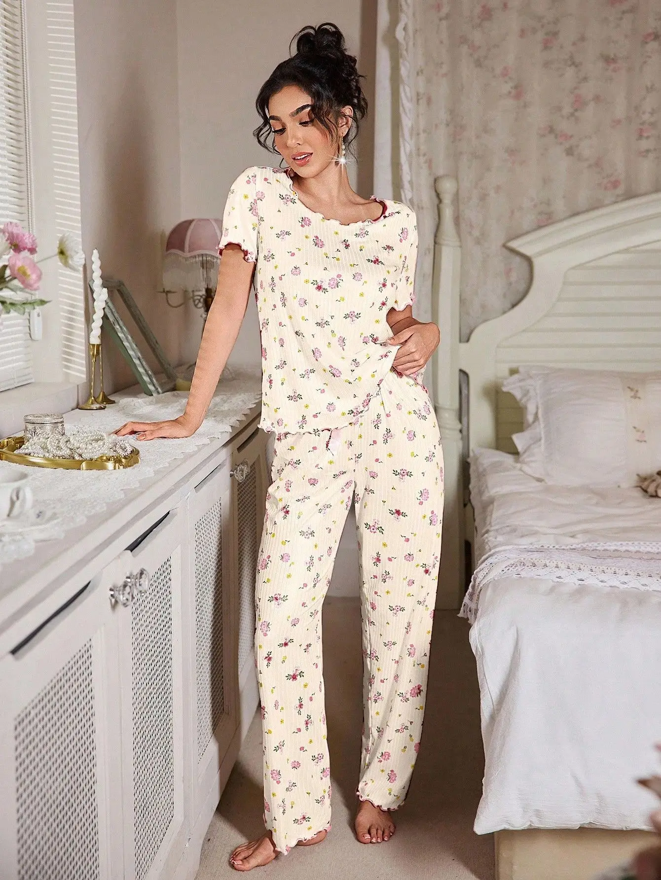 New European and American style loose-fitting women's pajamas, floral short-sleeved long pants home wear, casual two-piece set s