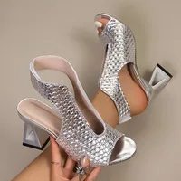 Sandales à talons moyens pour femmes, mode d'été, dos vide, boucle en un mot, bouche de poisson, bout ouvert, talons hauts 4
