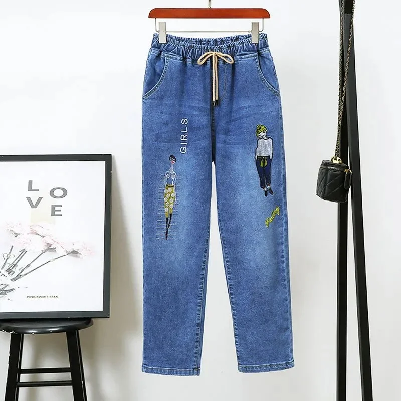 Middle-aged Women's Jeans Spring Autumn Stretch Waist Straight Denim Pants Large Size Loose High Waist Casual Black Blue Trouser