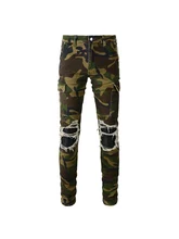  Men's Camouflage Cargo Jean Pants Distressed Slim Fit Streetwear Style Bikers Skinny Stretch Destroyed Ribs Patches Ripped Jeans 