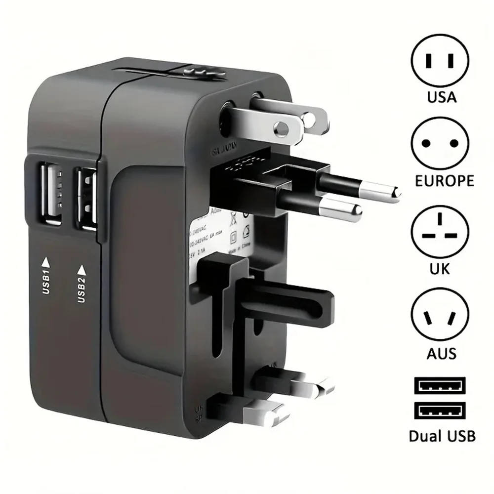 Portable Global Travel Adapter Multi Plug Outlet Travel Adapter Dual Ports USB Type-C Compatible with Europe USA Australia UK
