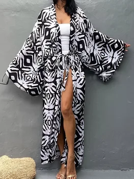 Women's Open Front Tie Dye Long Kimono Cover Ups with Belt Summer Loose Long Kimono Robe Swimsuits 1