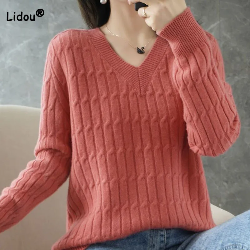 

Autumn Winter Temperament Female Solid Color Knitted Tops 2023 Fashion V-Neck All-match Long Sleeve Sweaters Women's Clothing