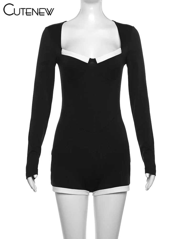 Women Hollow Out Playsuits Long Sleeve Square-Collar Patchwork One-piece Shorts Rompers Casual Sexy Streetwear Outfit