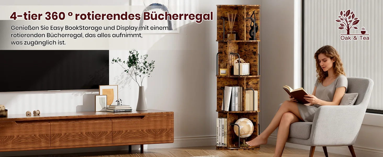 Oak & Tea 4-stöckiges drehbares Holz-Bücherregal 360° Rundum-Zugang & platzsparend | Multifunktional für Büro Wohnzimme | Braun – Detail 1