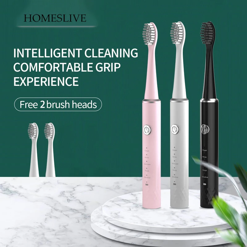 HOMESLIVE Vibrating Electric Toothbrush Charging Ultrasonic 5 Modes Replacement Head Waterproof Powerful Cleaning Travel Kit