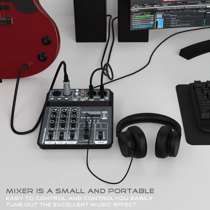 Audio Mixer 4 channel Dj Mixing Console Bluetooth 48V Phantom Power Monitor Karaoke Systeem Usb