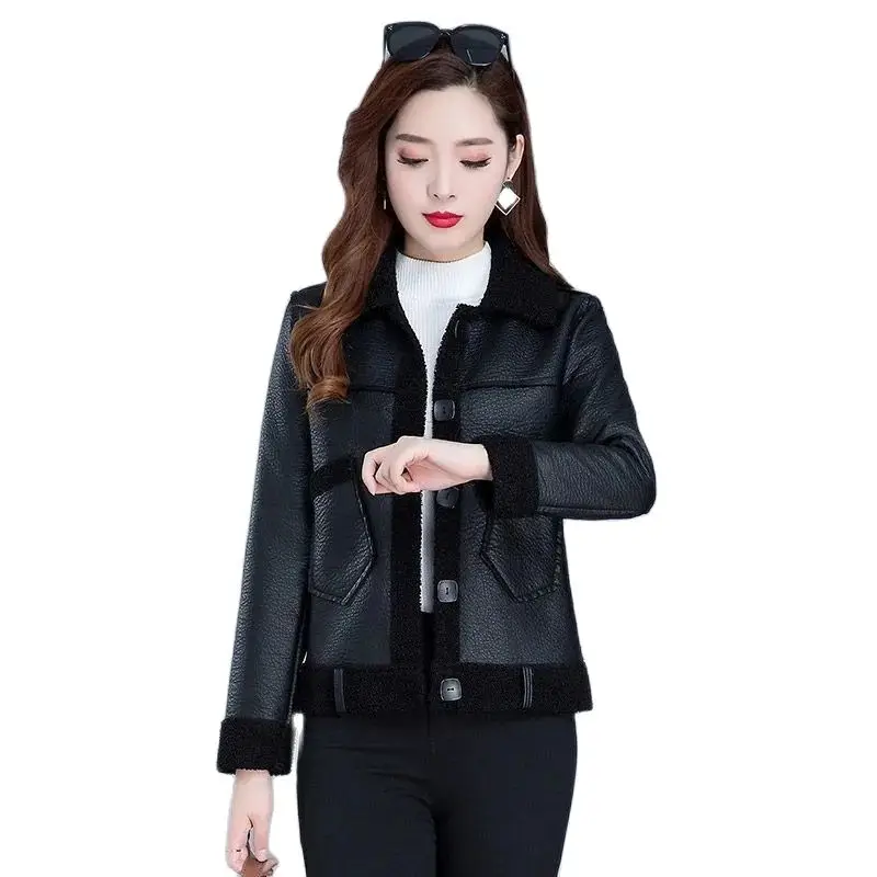 

2023 Fashion Black Double-sided Leather Furs Coat Women Short Jacket Autumn Winter Fleece Thicken Both-sides Wear Outerwear Tops