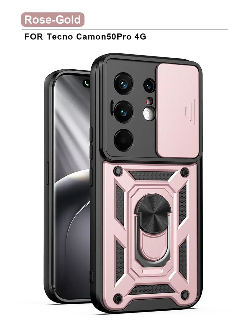 Slide Camera Lens Protection Phone Case with Ultra Ring Stand Hybrid Shockproof Cover