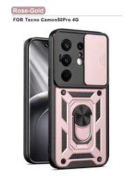 Slide Camera Lens Protection Phone Case with Ultra Ring Stand Hybrid Shockproof Cover for Tecno Camon 50 Ultra (Rose Gold)