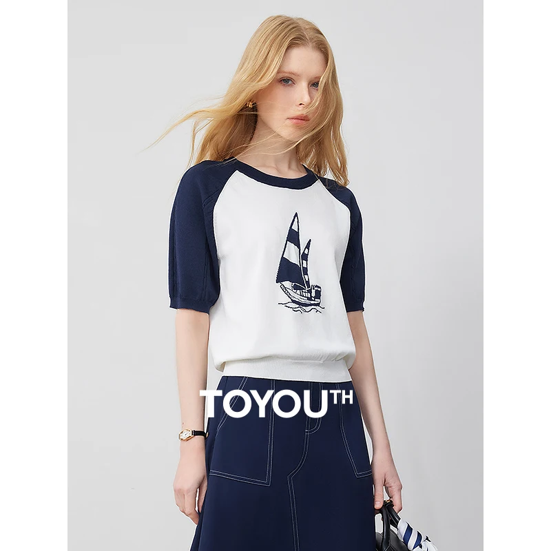 toyouth-women-knitted-short-sleeved-shirt-2024-summer-new-sailing-jacquard-raglan-sleeve-short-top