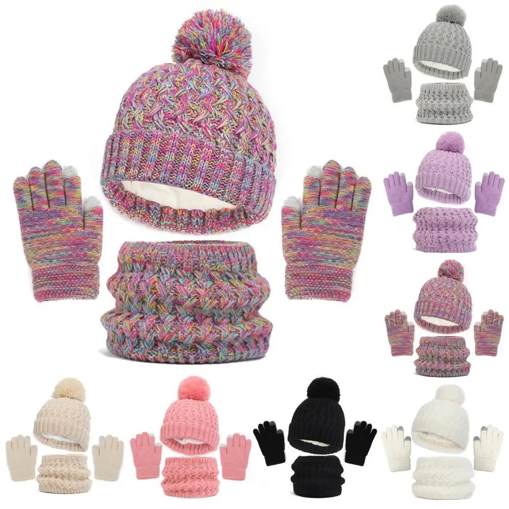 3Pcs/Set Winter Children Plush Ball Decor Knitted Beanie Hat Fleece Scarf Thickened Gloves Set Girls Boys Warm Accessories