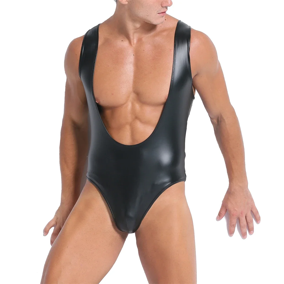 Mens Sexy Faux Leather Leotard One-piece Bodysuit Wrestling Singlet Gay Jumpsuits Deep U-neck Male Undershirts Rompers Underwear