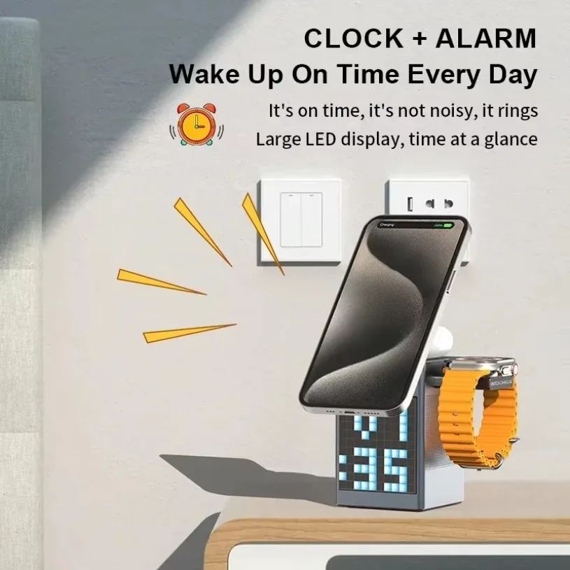 with Bluetooth Speaker Alarm Clock 6 in 1 Magnetic Multi-function Wireless Charger for Iphone 16 15 Pro Max for Airpods Iwatch
