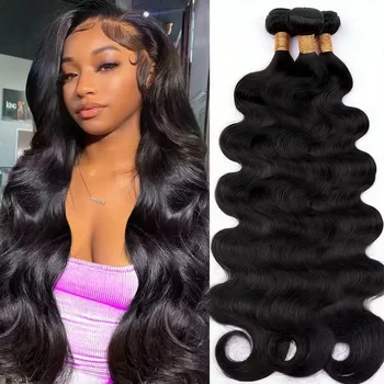 42 Inch Body Wave Human Hair Bundles Natural Black Brazilian Virgin Hair Weave 12A Unprocessed Real Human Hair Extensions Full T 1