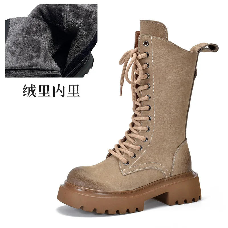 2024 New Ladies Autumn Winter British Style Lace Up Martin Boots Fashion Trend Platform Women's Mid-calf Boots