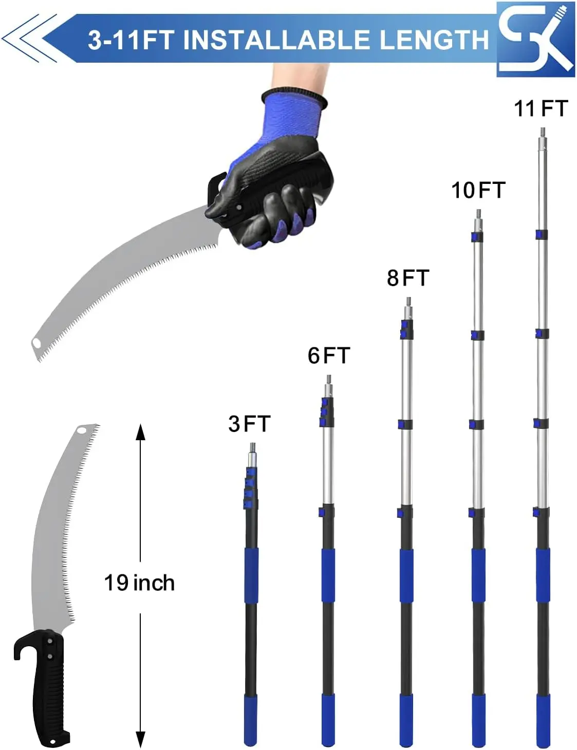 Pole Saws For Tree Trimming, 3-11 Foot Manual Pruning Pole Saw, Tree Pruner With Telescoping Extension For High Reach With