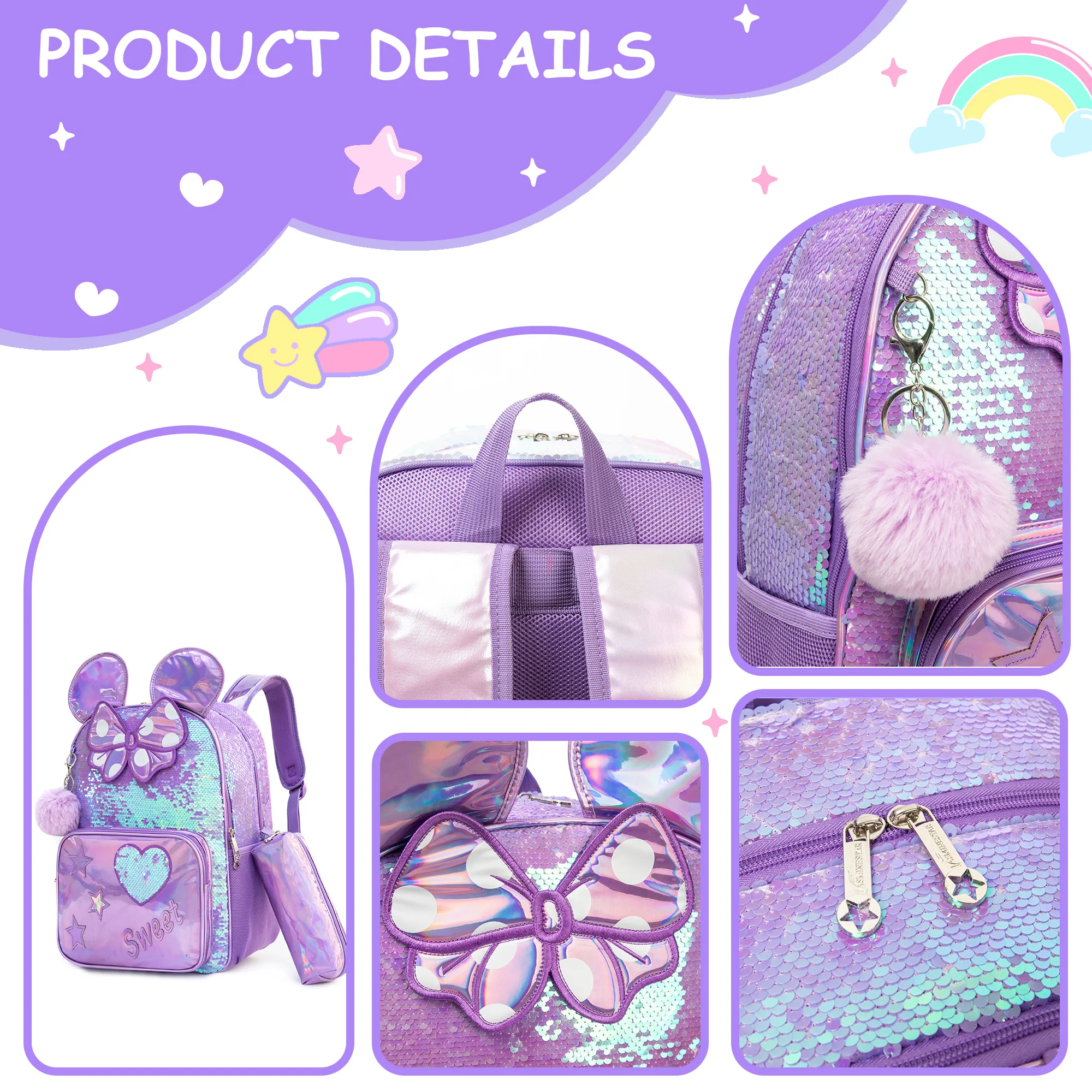 Backpack for Girls 16" Backpacks for Girls for School Sequin Backpack with Lunch Box for Elementary Students - 4