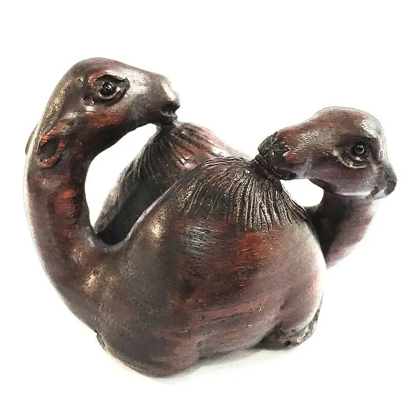 Y7596 - Collectible 20 Years Old 2 " Hand Carved Ebony Ironwood Netsuke : 2 Camels