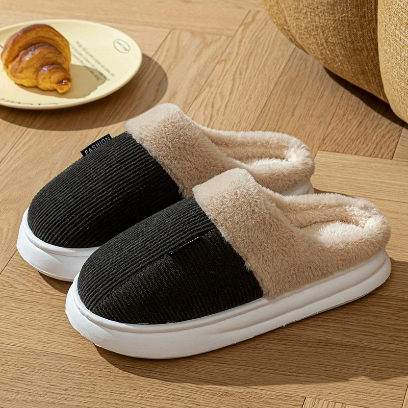 Thick Bottom Fluffy Slippers for Women Corduroy Thick Plush Warm Cotton Slippers Woman Indoor Light Non Slip Home Slides Female