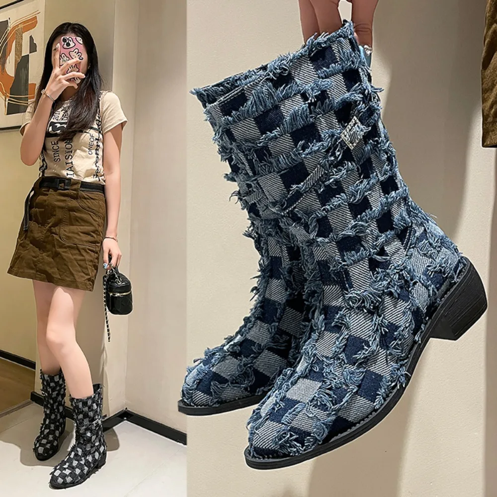 

Womens Denim Jeans Tassels Mid Calf Boots Pointed Toe Chunky Heel Pull On Shoes Belt Buckle Knight New 2024