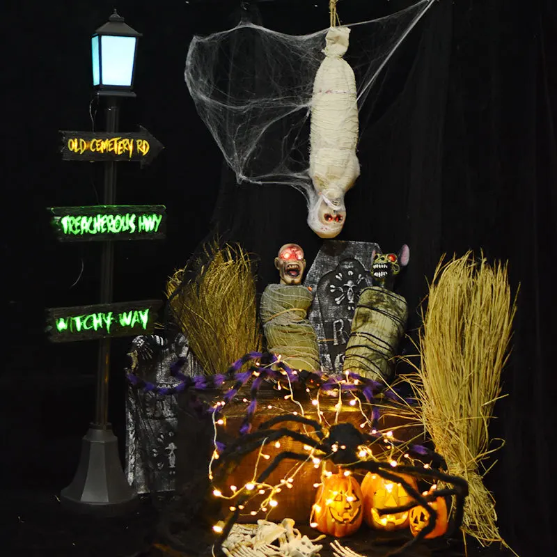 Halloween Hanging Cocoon Corpse Decoration Mummy Ghost with Glowing Eyes Creepy Sound Halloween Indoor Outdoor Yard Decor Prop