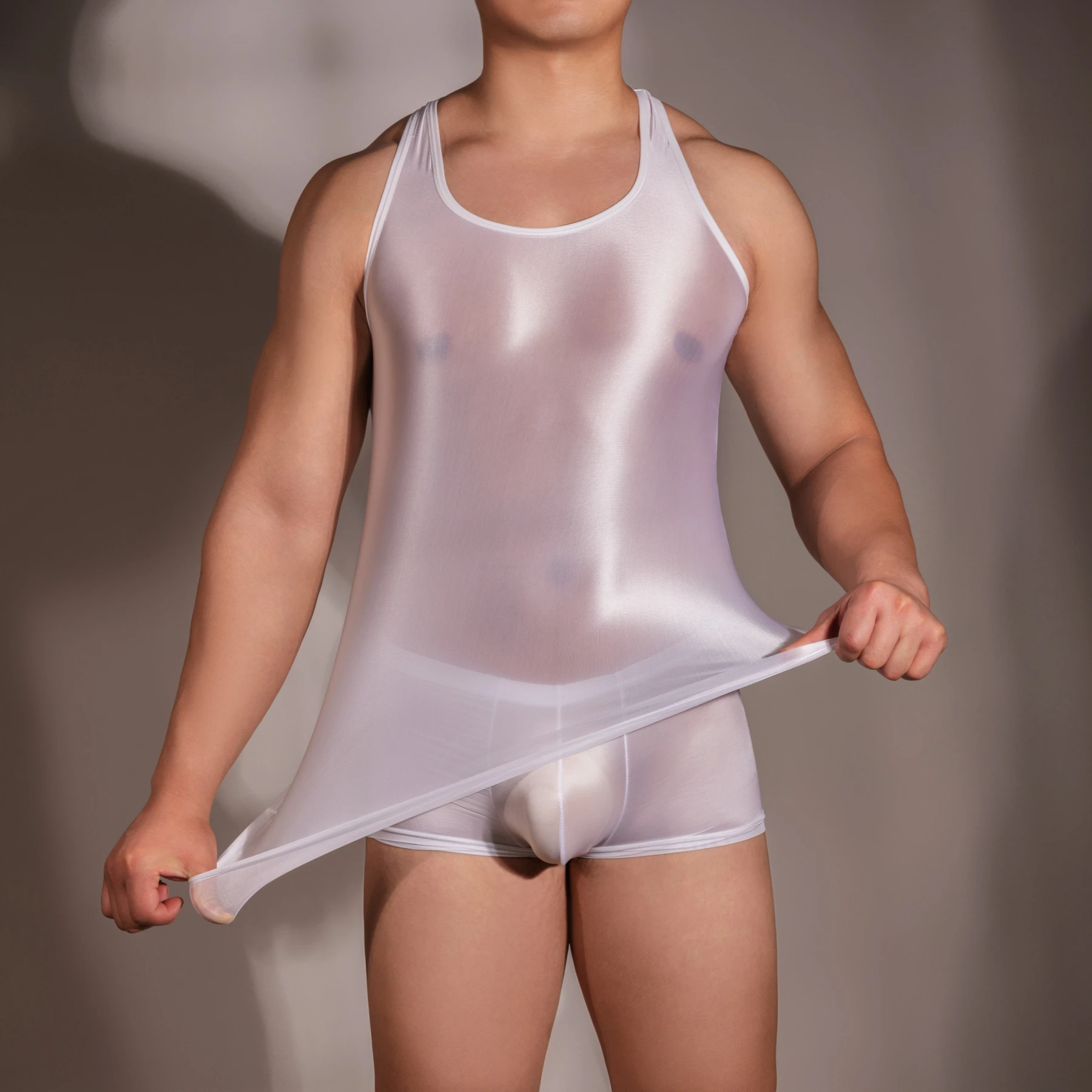 Men Sexy Vest Oil Glossy See Through Undershirt Sleeveless Male Shiny Thin Tops Sheer Stretchy Mesh Ice Silk Soft Camisetas