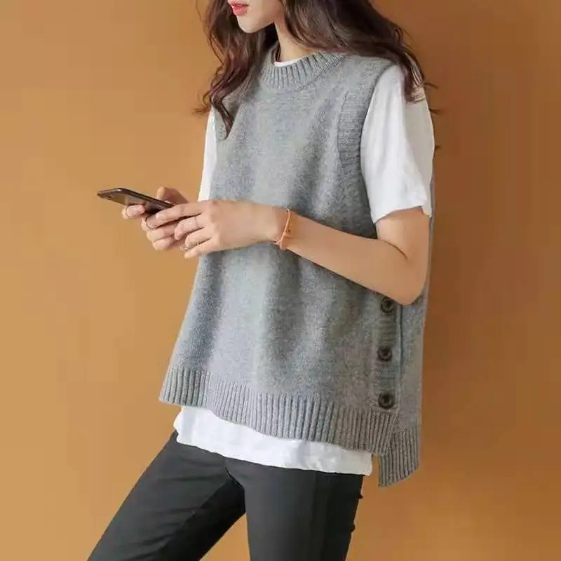Women Crew Neck Knit Vest Sleeveless Sweater Waistcoat Side Buttons Asymmetric Hem Casual Loose Ladies Pullover Knitwear Tops