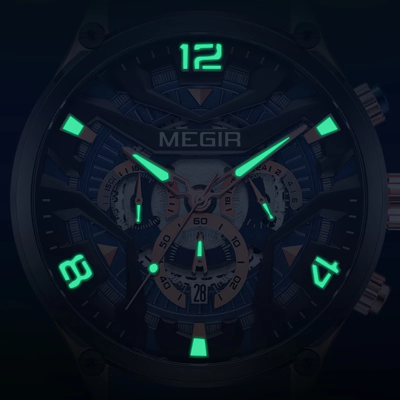 MEGIR Brand New Sports Silicone Green Quartz Watch for Men Waterproof Luminous Date Chronograph Mens Watches Relogio Masculino