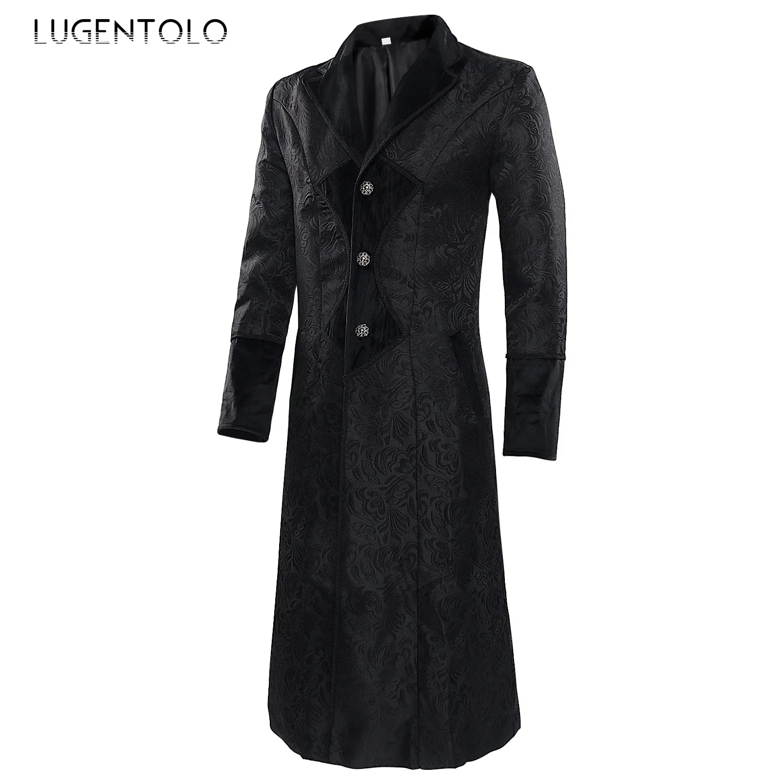 Men Jacquard Trench Punk Medieval Long Coat Retro Casual Single Breasted Lapel Black Male Vintage Party Autumn Jackets Lugentolo