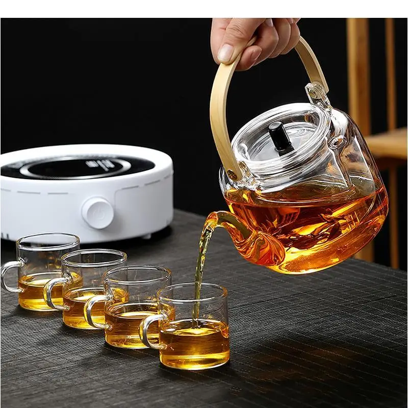 

Transparent Glass Teapot Bamboo Handle Can Be Heated Tea Pot Kettle Glass Bottle Tea Infuser Tea Utensils Home Tea Making Tools