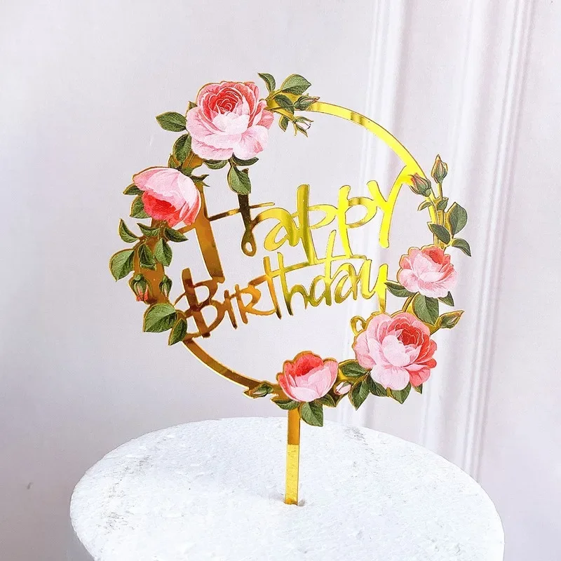 Cake Topper Cake Toppers Cake Decorations Gold Leaf Cake Decorations Birthday Party Supplies Party Decorations New Flowers Happy Birthday Cake Topper Gold Colored Printing Acrylic Cake Topper For Kids Girls Birthday Party Decorations