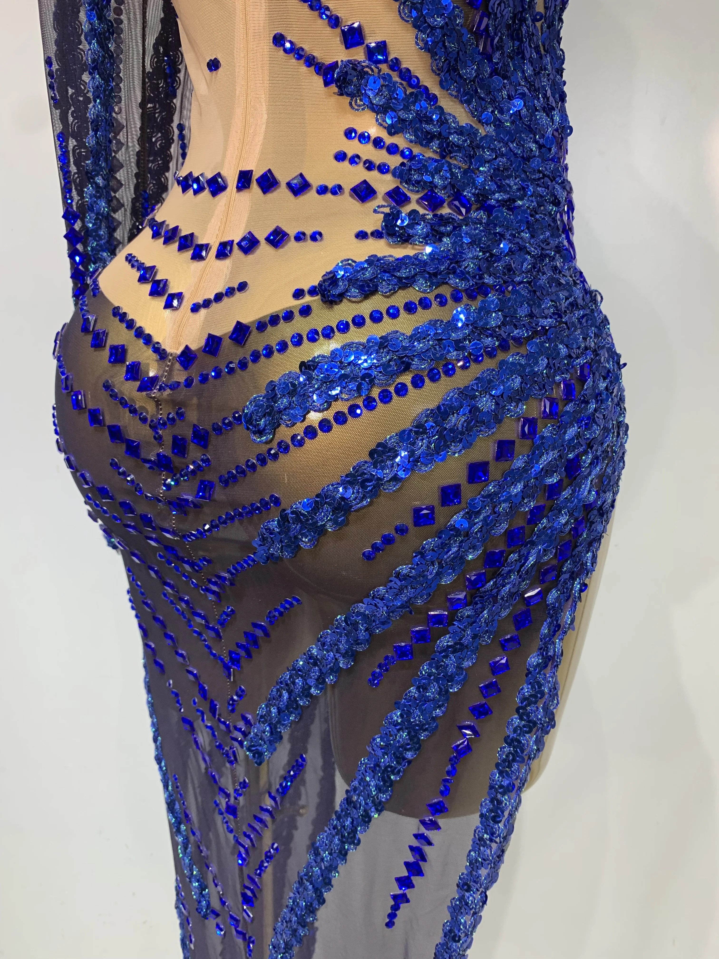 Sexy Red Mesh See Through Diamonds Sequins Dress Luxury Birthday Evening Party Costume Bar Nightclub Stage Performance Outfit