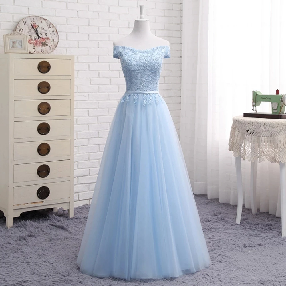 

Angelsbridep Bech Bridesmaid Dresses Long Style Appliques Prom Dress Girls Sky Blue Plus size Customize Free Robes De Soirée