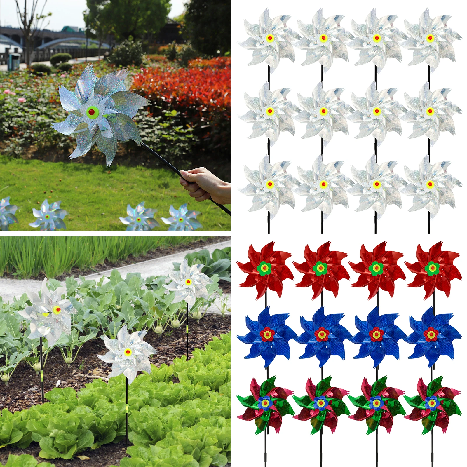 

12Pcs Reflective Pinwheels 9.8inch Waterproof Sparkly Pinwheel with 8 Pages Lightweight Scare Birds Wind Spinner Decorative Keep