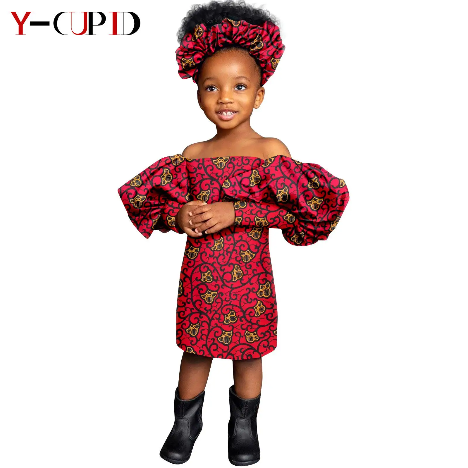African Clothes for Girls Print Knee-length Dresses with Headtie