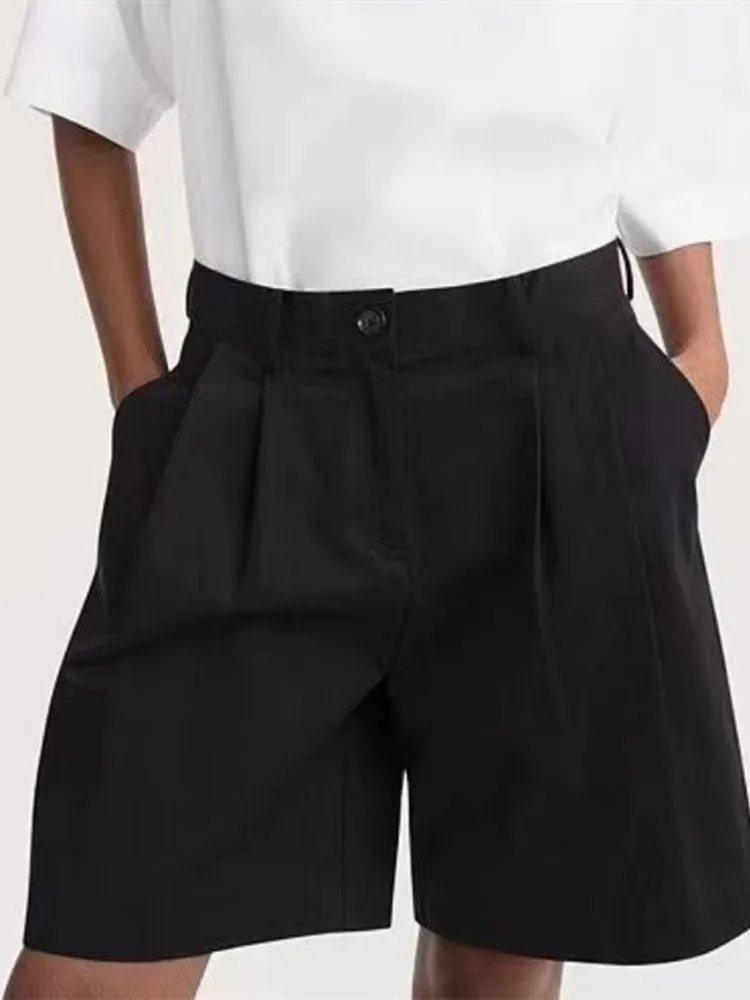 

New Women Pleated Shorts Black Cotton Loose Casual Simple 2023 Summer Female Shorts with Pockets