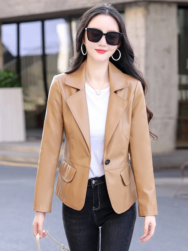 New Women Sheepskin Blazer Spring Autumn Fashion Classic Single Button Slim Leather Coat Casual Basics Split Leather Jacket