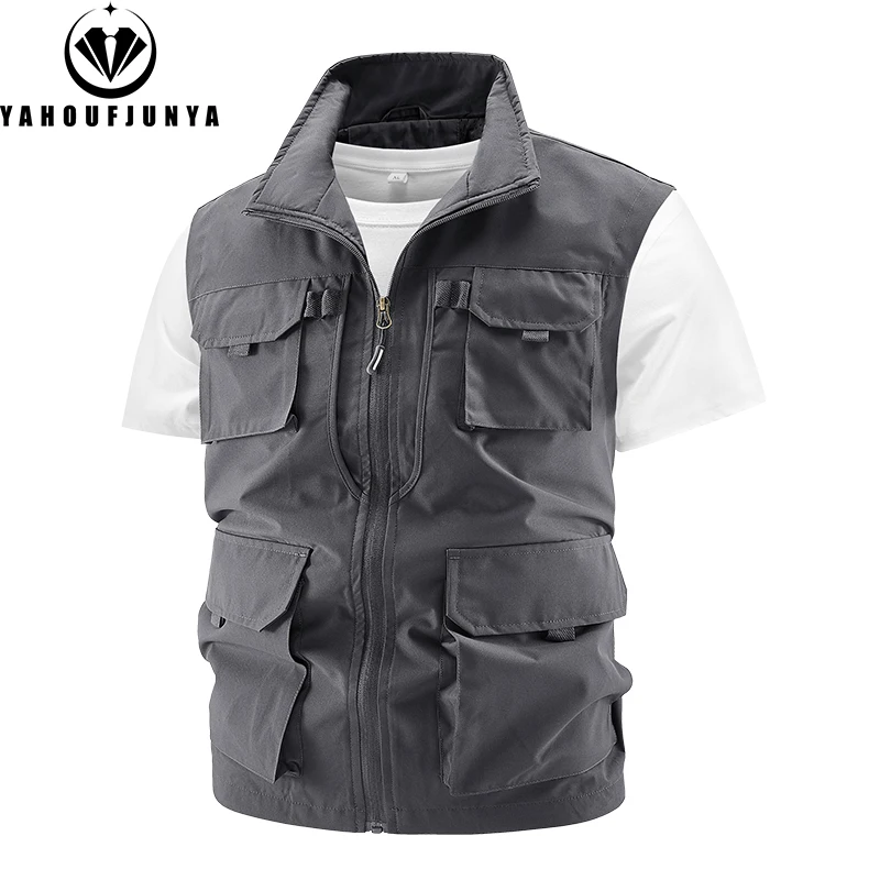 Men's Sleeveless Outdoor Casual Vest Summer Fishing Multiple Pockets Solid Stand Collar Zipper sleeveless vest sleeveless vests fashionable vests