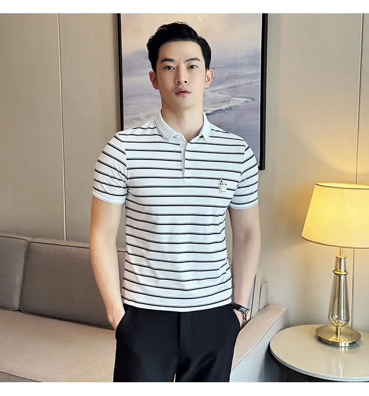 Description Picture 6 of item2024 Summer Striped Polo Shirt for Men High Quality Short Sleeved Casual T-shirt Lapel Business Social Office Tee Tops M-4XL
