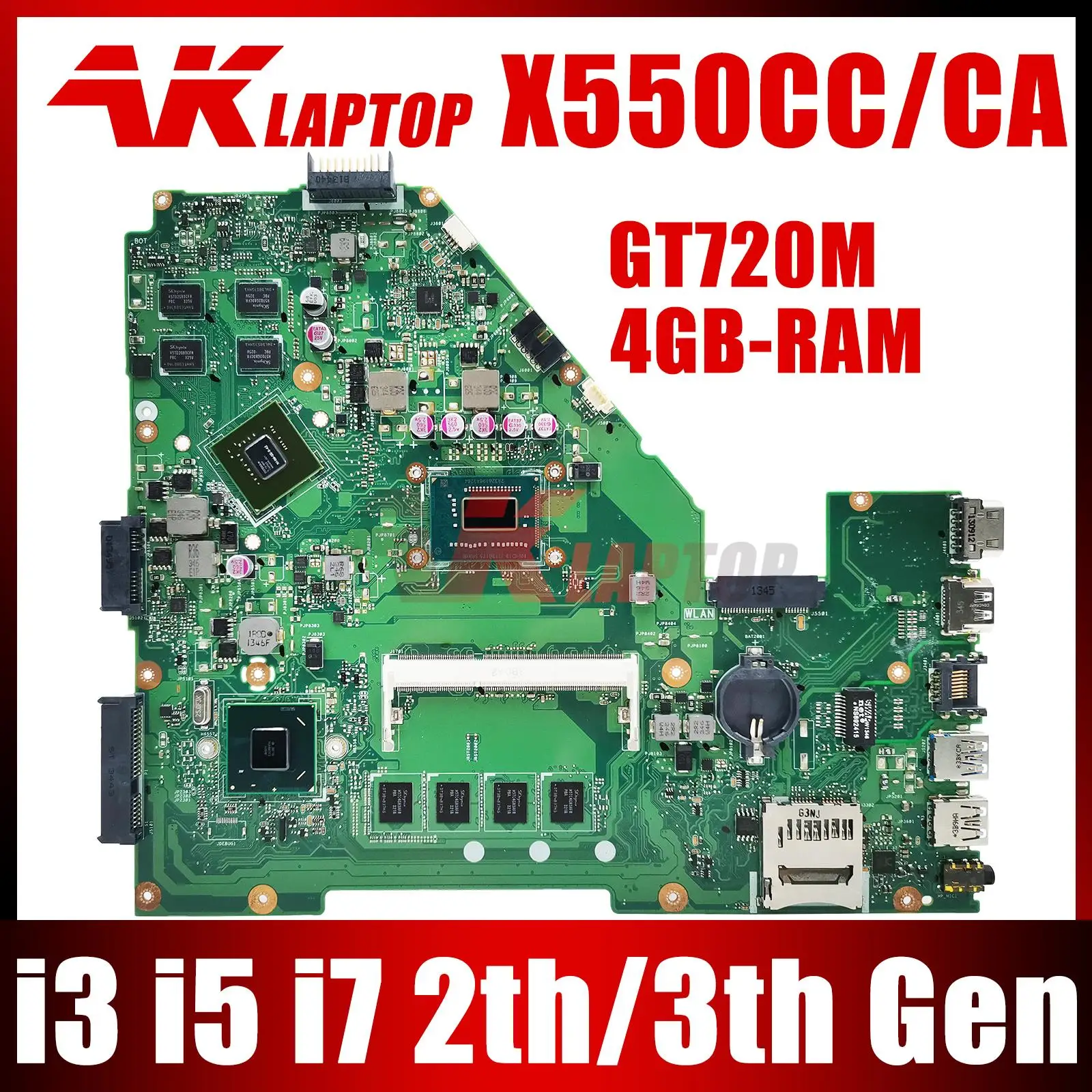 

X550CC X550CA Motherboard 4GB RAM 1007U I3 I5 I7 CPU GT720M GPU for ASUS Y581C X552C X550C X550CL A550C K550C Laotop Mainboard