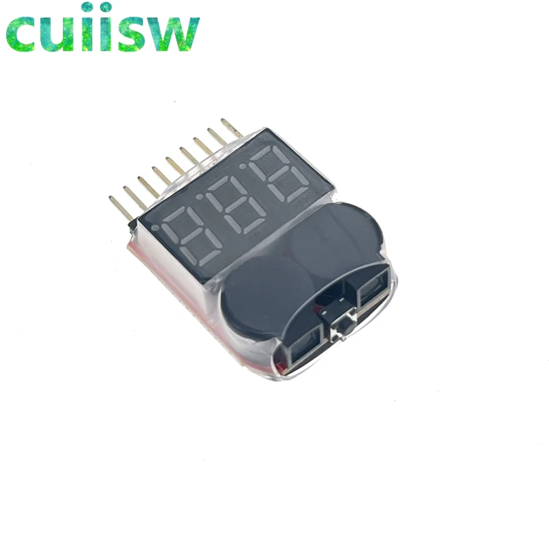Vérificateur de batterie Lipo 1-8S branché sur une batterie, affichant la tension cellule par cellule.