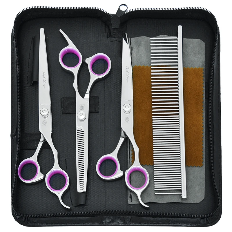 7.0 Inch 4pcs/set Jp440c Purple Dragon Pets Grooming Scissors Silver Dogs Shears Big Straight