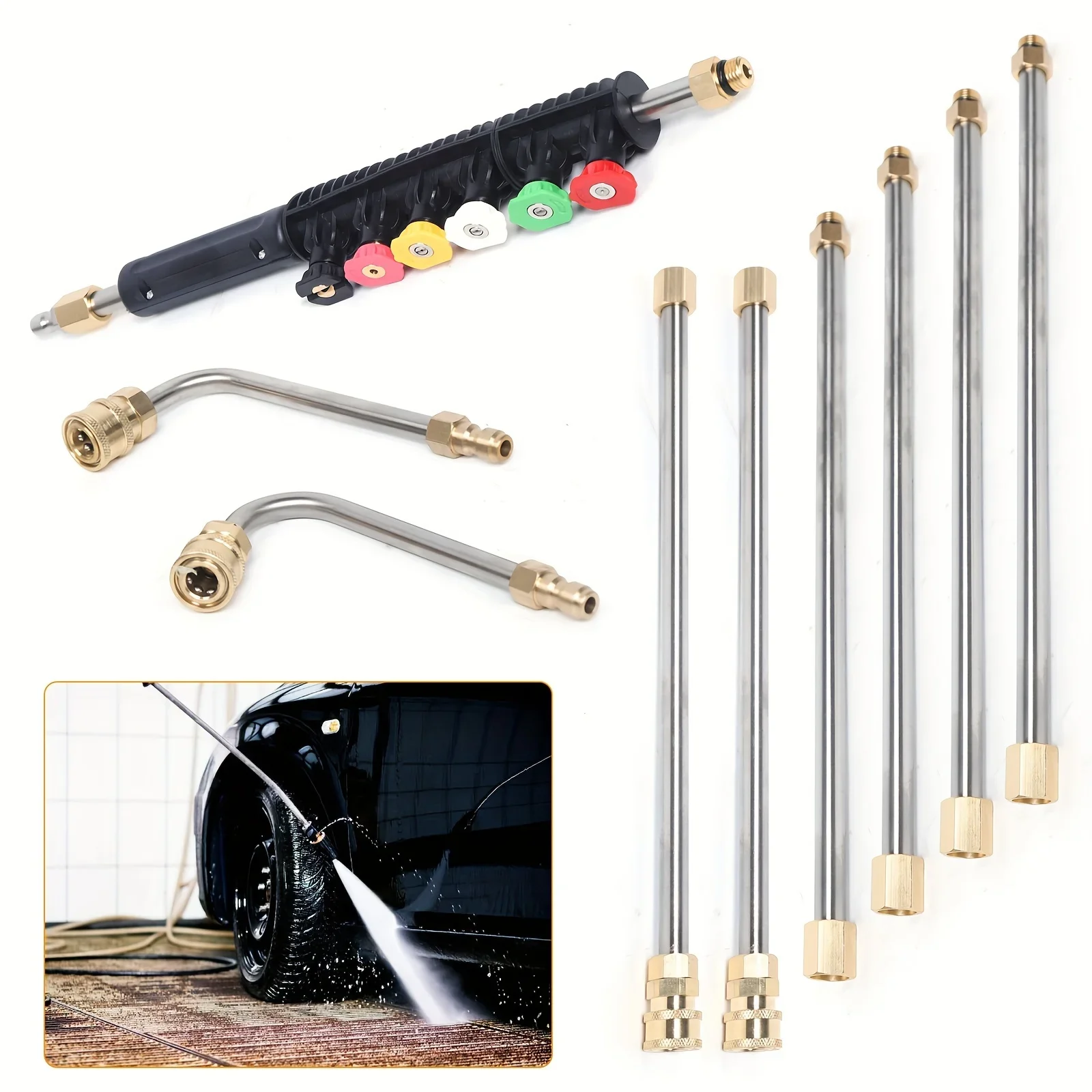 10 Pieces High Pressure Washer Cleaning Extension Pole, Power Washer Spray Gun with 6 Spray Heads, Ditch Cleaning Pipe Bender