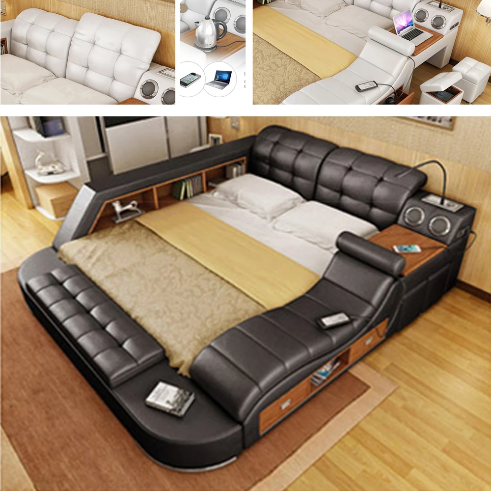 Genuine Leather Multifunctional Massage Bed Frame Modern Nordic Camas