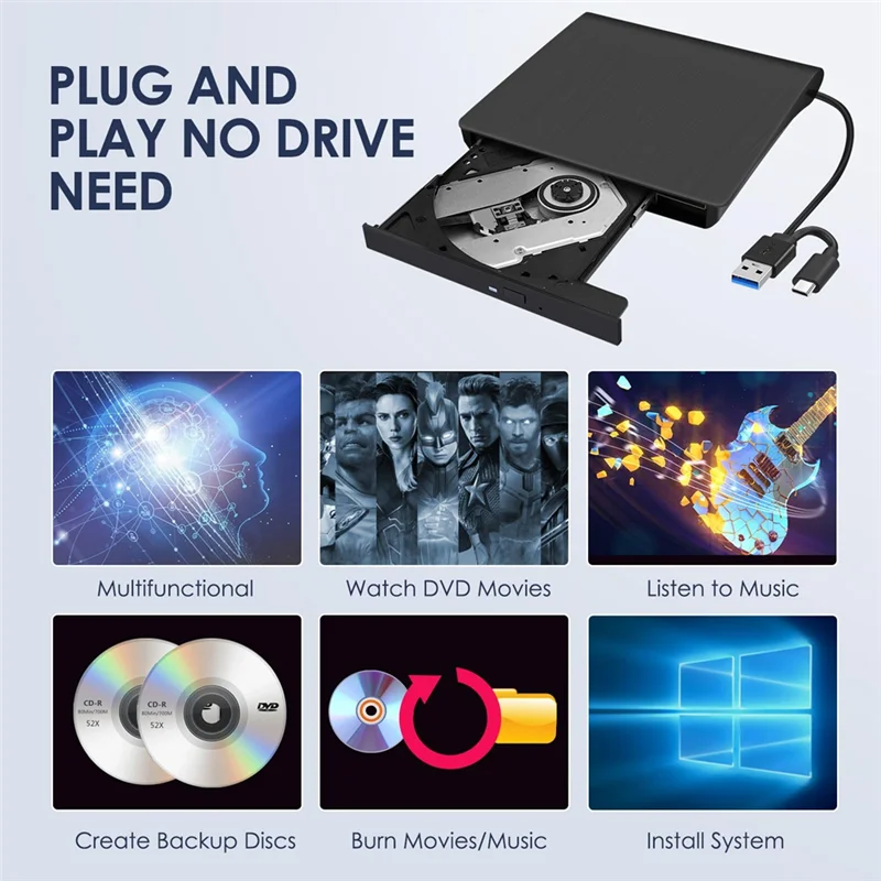 TCES-External CD DVD +/-RW Drive, USB 3.0 & USB-C Portable CD & DVD ROM Burner Player Reader Writer Rewriter Disc Drive