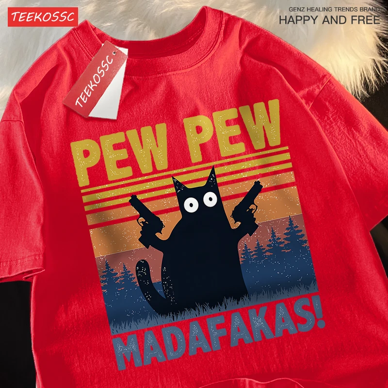 Pew Pew Madafakas Double Gun Cat Short Sleeve Oversized Breathable T Shirts Cotton Summer Clothing Street Casual Tshirt Men