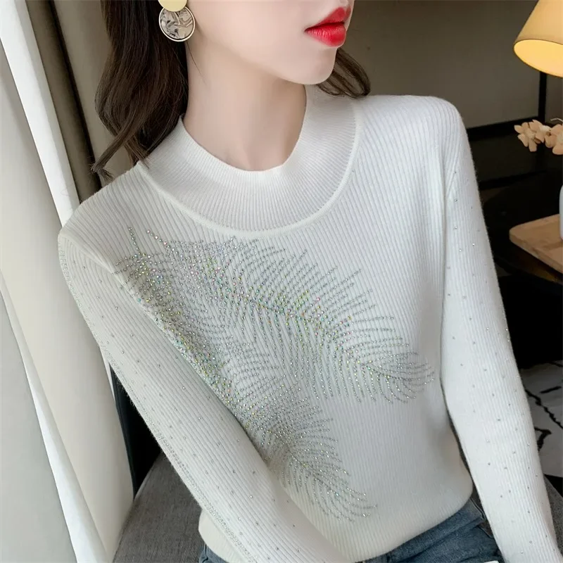 

Autumn Long Sleeve Pullovers Fashion Women Winter Sweater Bottoming Knitted Sweaters Lady Leaf Hot Diamond Warm Knitwears 29436