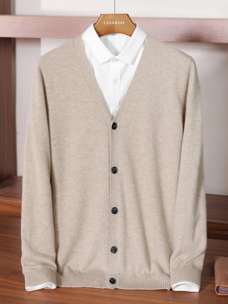 High Quality 100% Pure Cashmere Cardigan Men Sweater Spring Autumn Knitted Jacket Solid Color V-Neck Long-Sleeved Knitwear
